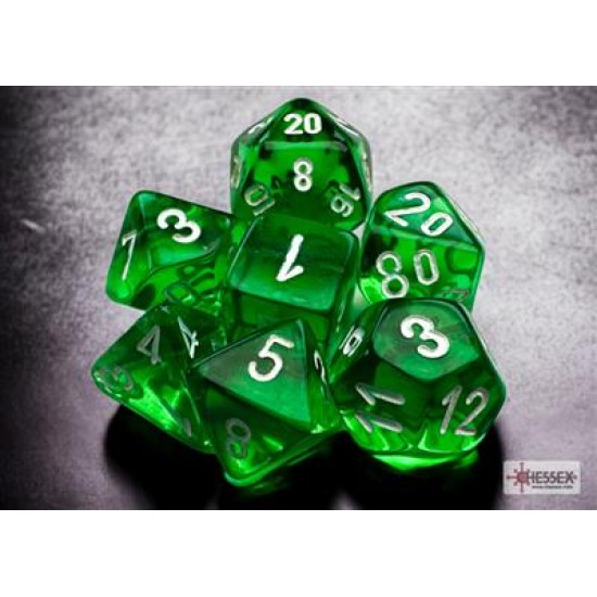 Translucent Mini-Polyhedral Green/White Dobbelsteen Set (7 Stuks)