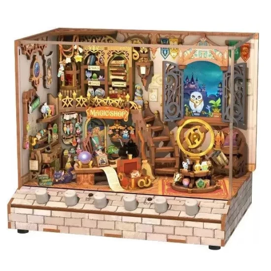 Tonecheer Diy 3D Houten Puzzel Met 6 Verschillende Geluidseffecten En Stofkap Miniature House Magic Shop Tq403 18145154Cm