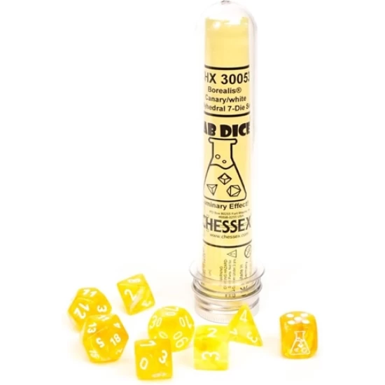 Borealis Polyhedral Canary/White Luminary 7-Die Set (With Bonus Die)