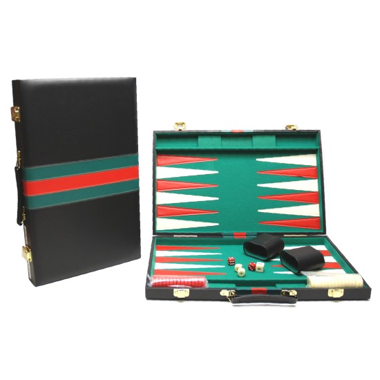 Backgammonkoffer Zwart/Groen-Rood 46 Cm.